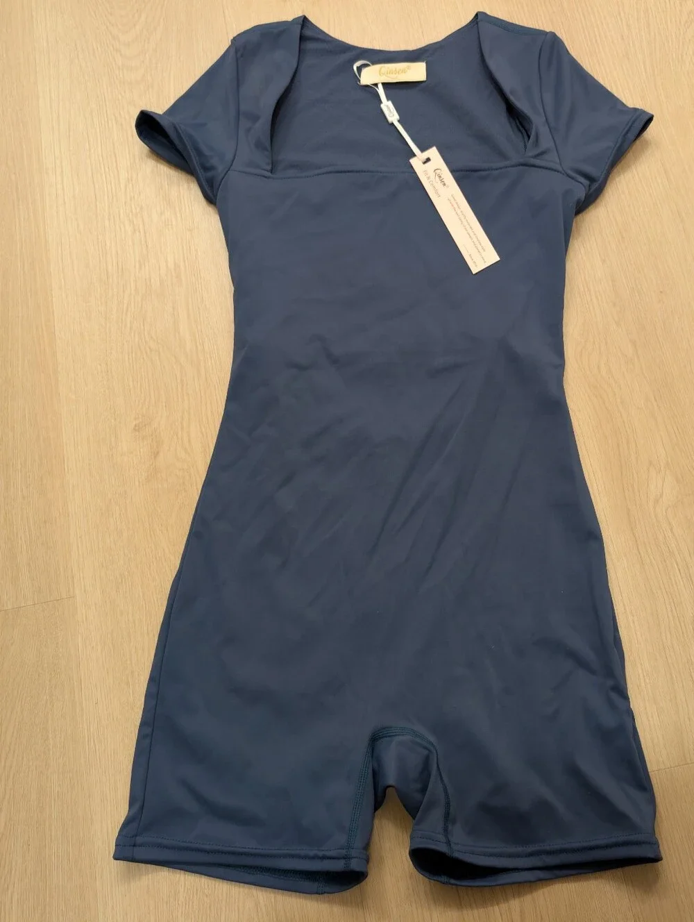 QINSEN Women's Short Sleeve Bodycon Romper Stretchy Square Neck Sexy Unitard 4 S